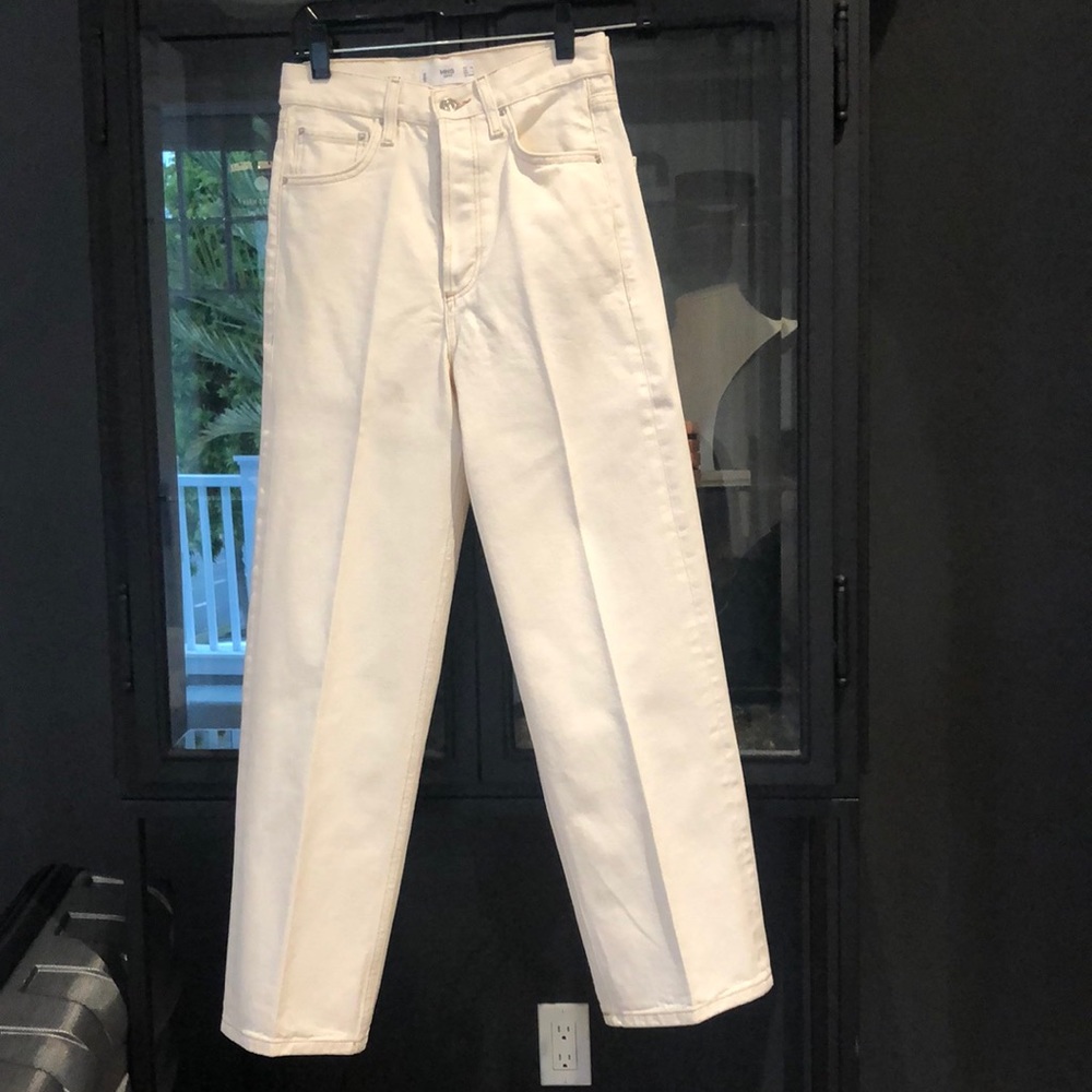 MNG Gabrielle cream high rise straight cropped jean.